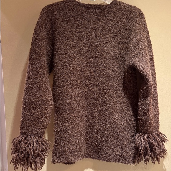 Zara Chocolate Brown Textured Fringe-Cuff Crewneck Sweater - Picture 2 of 3